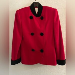 Vintage Valerie Stevens Wool Red Double-Breasted Pea Coat with Black Trim